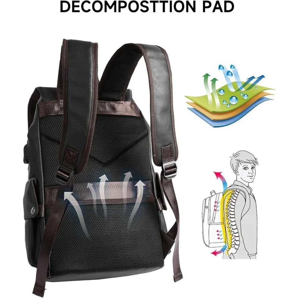 Black Laptop Travel Backpack PU Leather Water-Resistant Casual Laptop Backpack